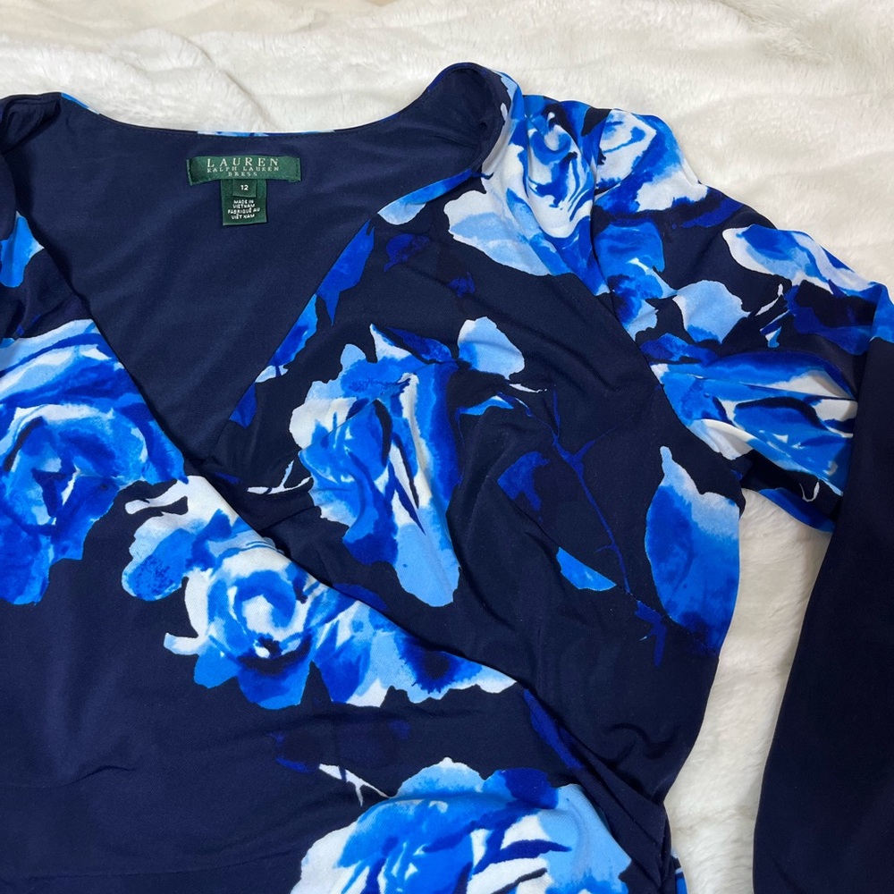 Lauren Ralph Lauren 12 Blue White Floral Fitted Spring Fall Preppy Dress